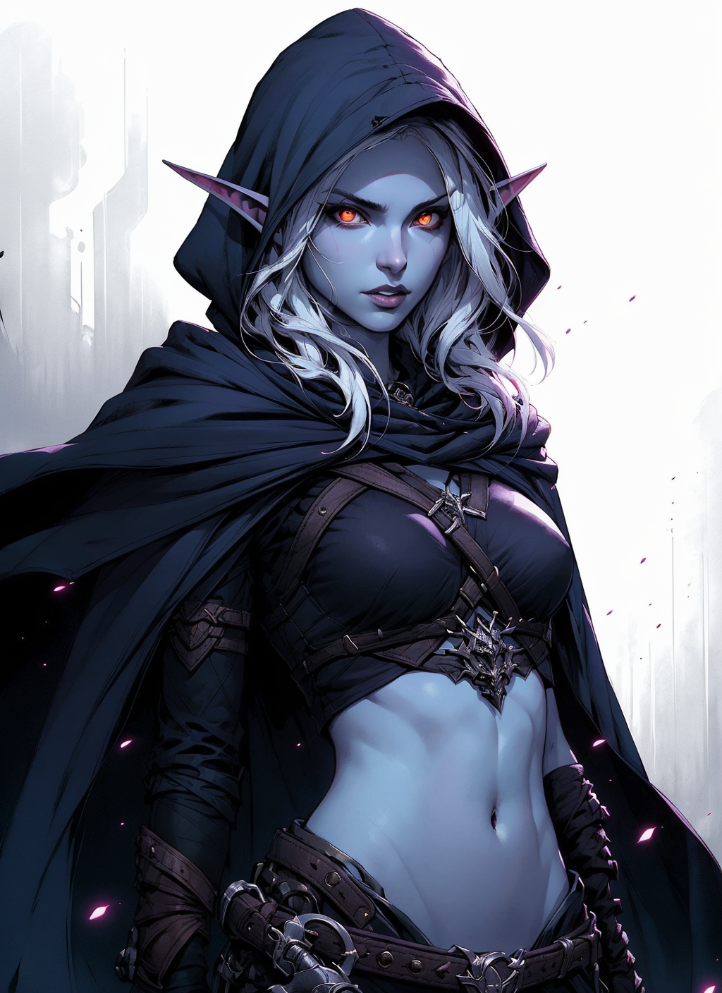 11072160-34667478-drow, female, pointy ears, solo, elf, navel, hood, colored skin, midriff, looking at viewer, long hair, cloak, dark elf, breasts.png